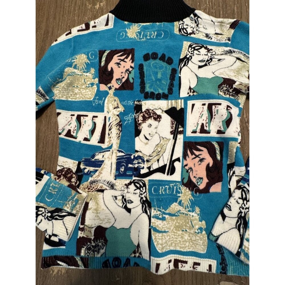 vtg noun Paris full zip cardigan Sweater Jacket Sequin Pin Up Girl Aqua Retro To - Picture 13 of 14